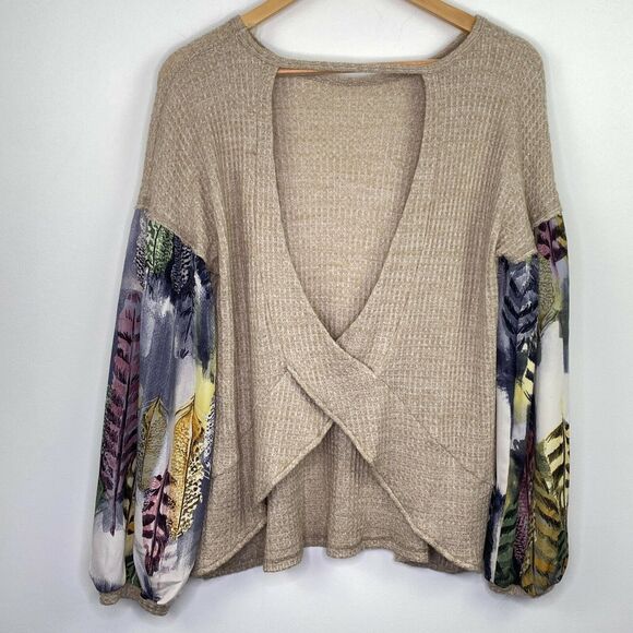 Cherish Boutique Cream Feather Print Open Back Sweater Women Small Boho - Picture 8 of 8